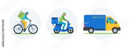 Online delivery service concept, online order tracking, home and office delivery. Truck, moped, scooter and bike courier. Isolated over white background. Vector flat illustration