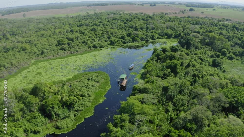 aerial image with boat drone on a river in the middle of the Pantanal Mato Grosso do Sul Brazil