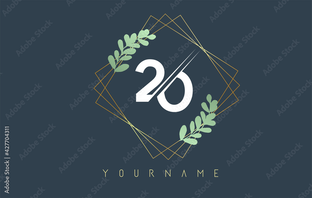 Number 20 2 0 Logo With golden square frames and green leaf design. Creative vector illustration with numbers 2 and 0.