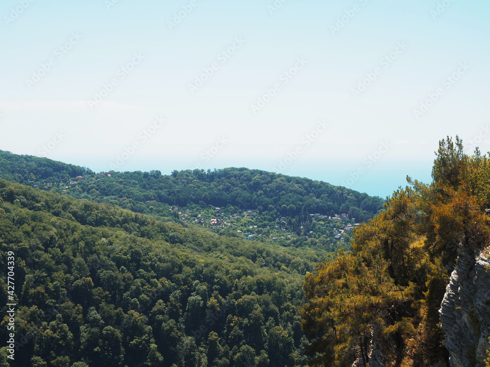 A mountain valley with a green deciduous forest, pine trees growing on a rocky cliff and a village in the distance against a blue sky with a light olive haze