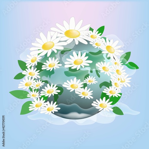 The planet is sick, it is in danger. Save the planet. Plant as many green plants and flowers as possible. The globe is buried in daisies. Conceptual vector illustration in cartoon style for earth day.