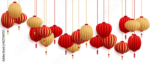 Chinese decorative paper lanterns isolated on white vector illustration.