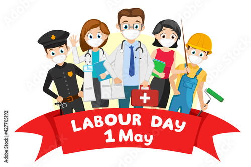 People of different professions in medical masks on a white. Labor Day