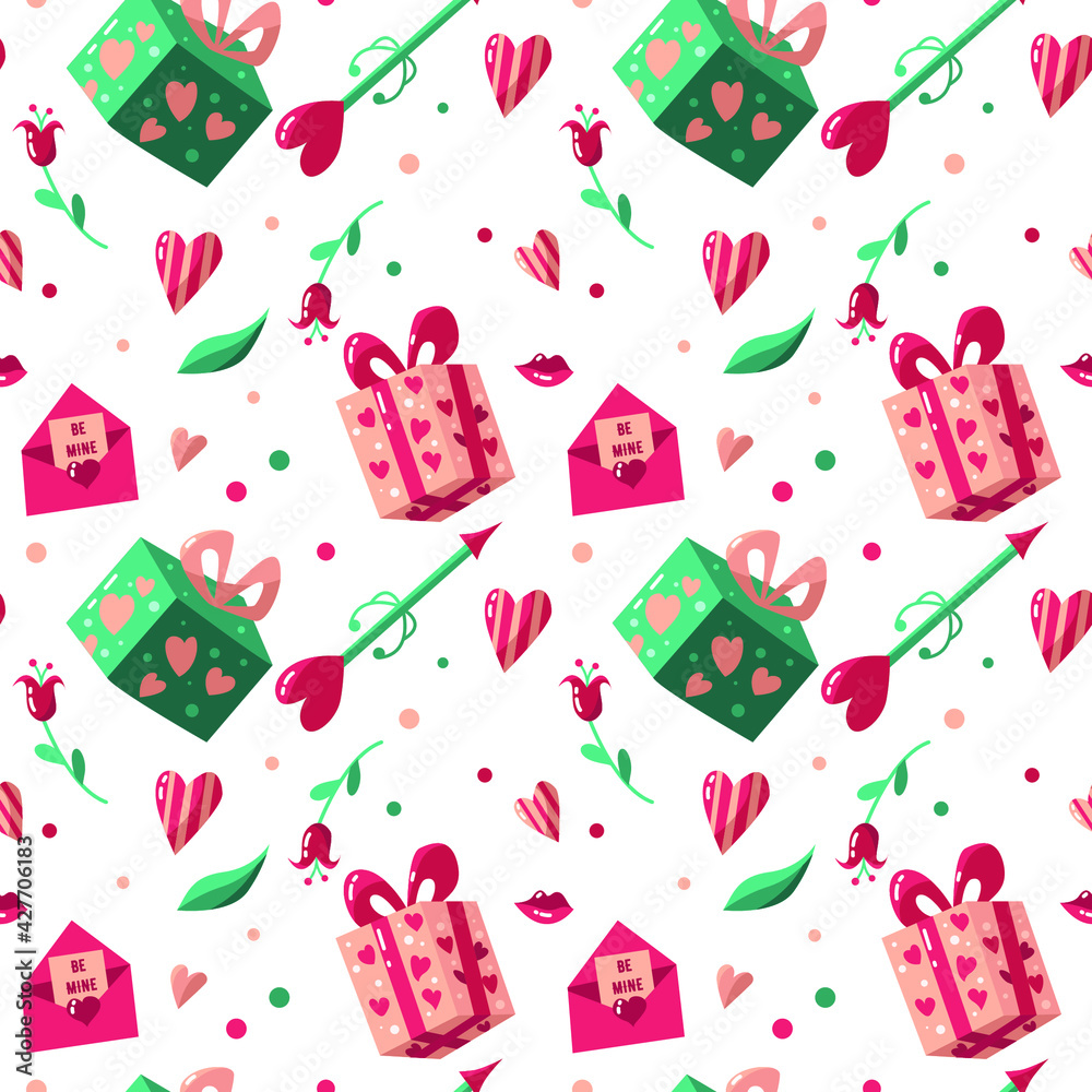 Valentines day seamless pattern. Cute gift boxes, heart, lips, envelope with a letter, cupid's arrow, flower. Perfect for printing on fabric, paper. Valentines day seamless pattern. Cute gift boxes, heart, lips, envelope with a letter, cupid's arrow, flower. Perfect for printing on fabric, paper.