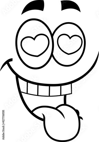 Outlined Smiling Love Cartoon Funny Face With Hearts Eyes. Vector Illustration Isolated On White Background