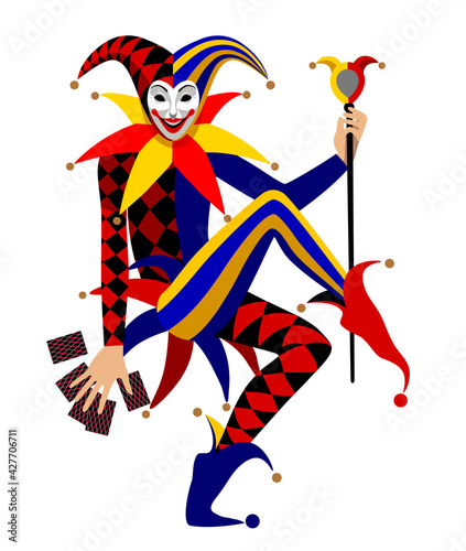 Joker with stick and playing card in his hand isolated on white