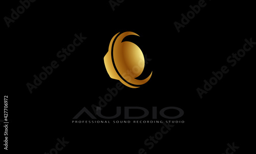 DJ Dance Party Logo, Recording Studio Emblem, Audio Wave and Dark Black Gradient Background