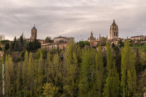 View of the Cathedral of Segovia and the Romanesque church of San Esteban