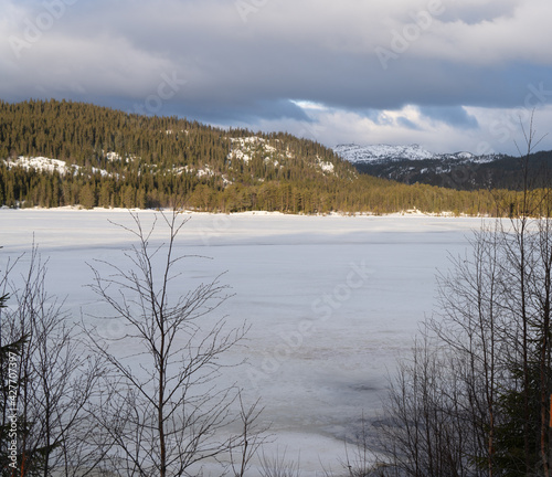 The frozen lake Morgedalstjønni near the village of Morgedal photo