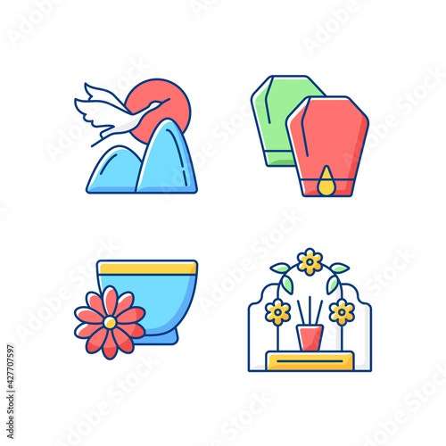 China national holidays RGB color icons set. Crane. Lantern festival. Chrysanthemum tea. Tomb sweeping day. Mythology and symbolism. Honouring deceased ancestors. Isolated vector illustrations