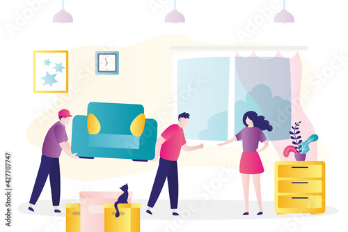 Two movers bring sofa into apartment. Female character moves to new home. Cute woman dismantling household items