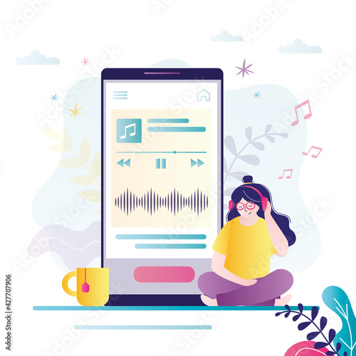 Female character listening to audio through app. Сute girl with headphones enjoys track