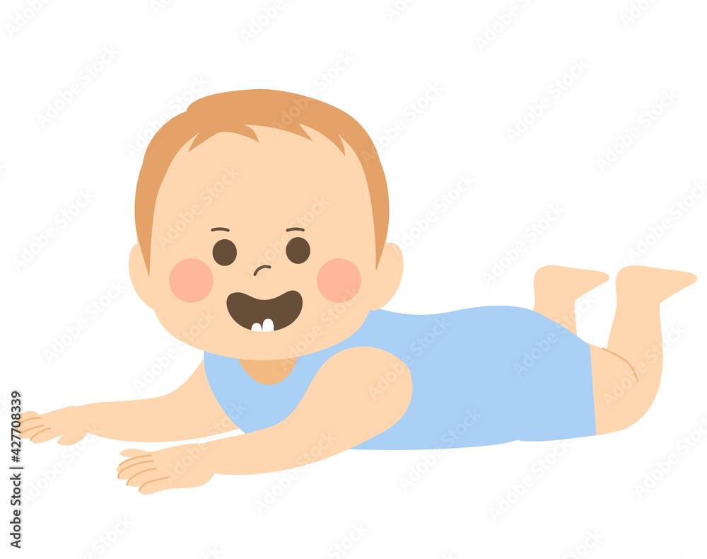 Cute baby boy smiling showing first teeth on tummy time pose Cute baby boy smiling showing first teeth on tummy time pose