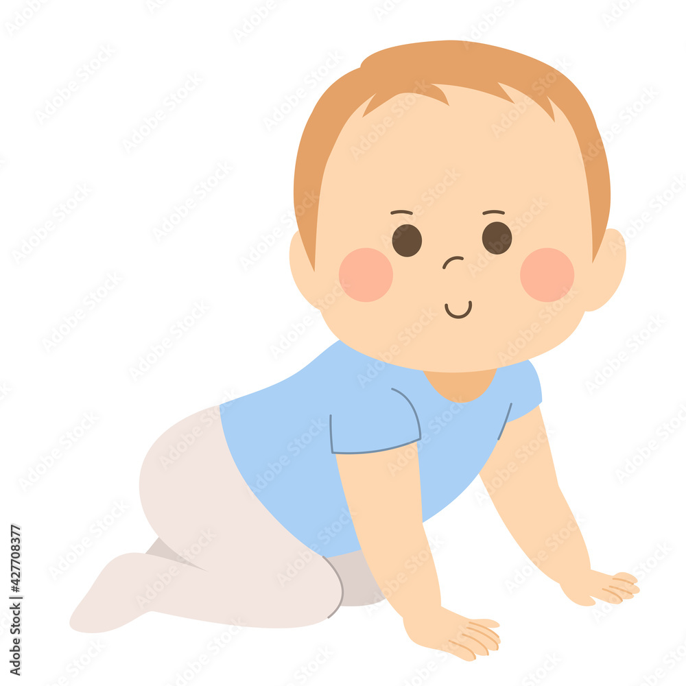 Baby boy learning to make first steps crawling on floor