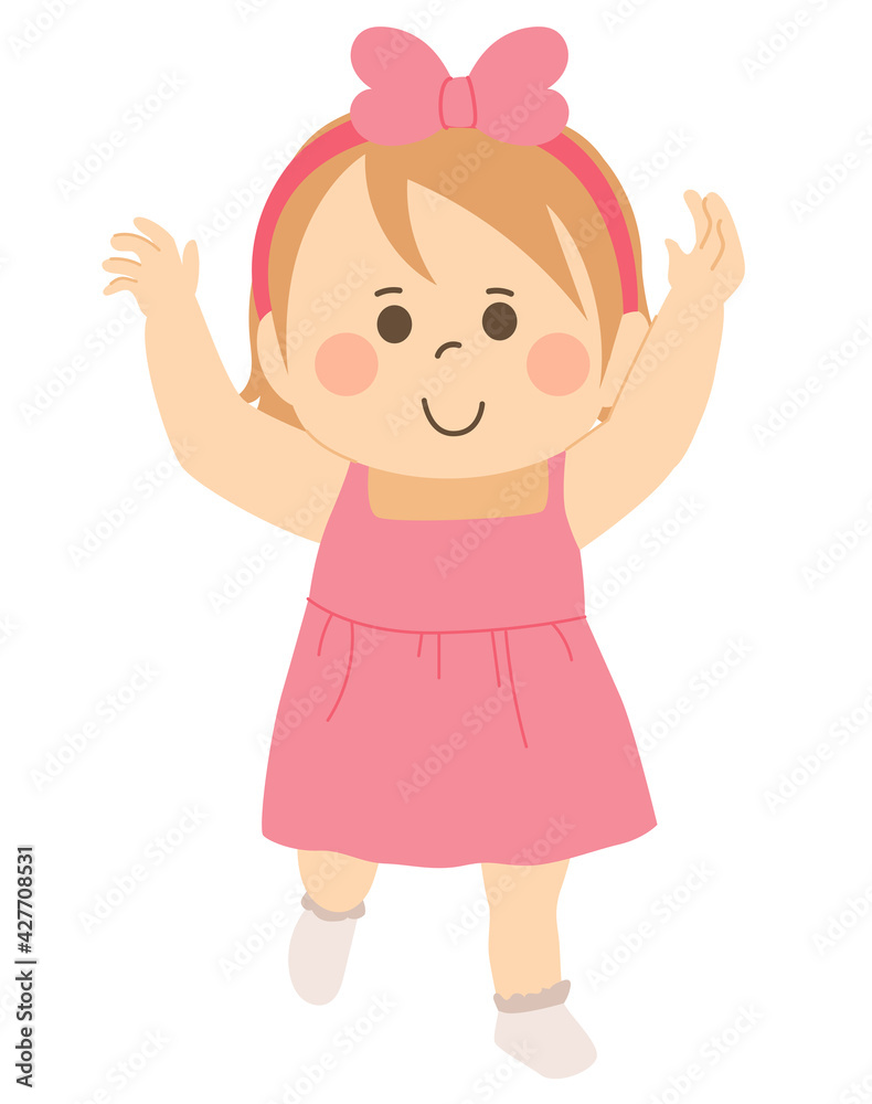 Cute happy baby girl walking for first time with arms up Cute happy baby girl walking for first time with arms up