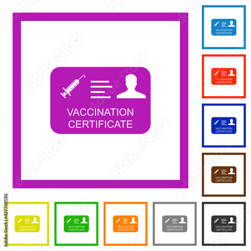 Vaccination certificate flat framed icons