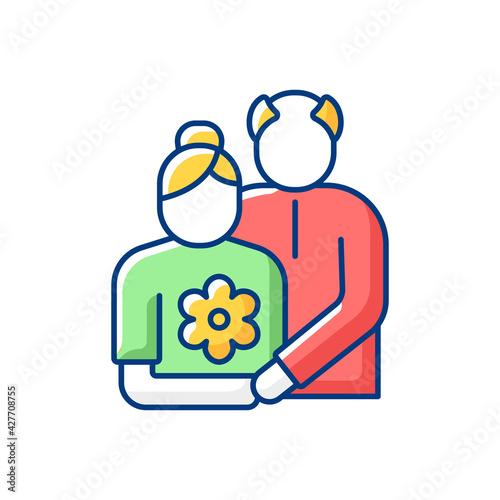 Old couple RGB color icon. Honor senior citizens day. Double ninth festival. Visit elderly relatives. Organizing outings for retirees. Day for seniors. Chongyang festival. Isolated vector illustration
