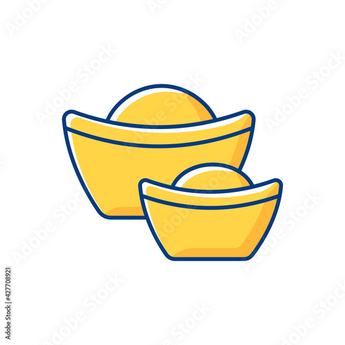 Chinese gold ingots RGB color icon. Wealth and prosperity symbol. Small metal ingot. Chinese new year. Sycee, yuanbao. Ancestral veneration. Representing fortunate year. Isolated vector illustration