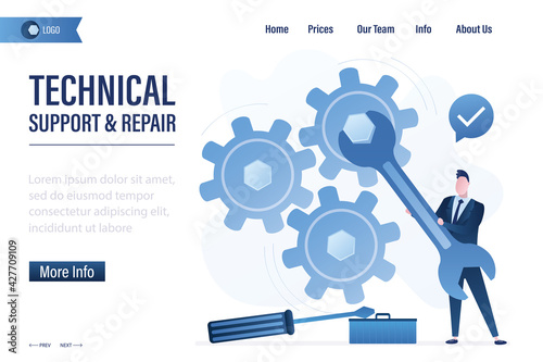 Technical support and repair landing page template. Businessman uses wrench. Big gears, support staff with tools. System or business setup.