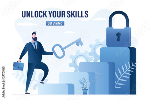 Unlock your skills, landing page template. Handsome businessman with big key, padlock on top. Male employee climb corporate career ladder.