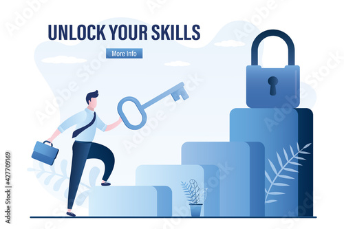 Unlock your skills, landing page template. Businessman with big key, padlock on top. Male employee climb corporate career ladder.