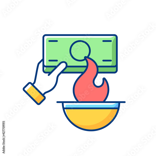 Burning money RGB color icon. Hungry ghost festival. Zhongyuanjie. Chinese culture. Visiting ancestors. Spirits coming out from realm. Joss paper. Chinese mourners. Isolated vector illustration