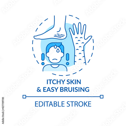 Itchy skin and easy bruising concept icon. Liver disease sign idea thin line illustration. Itching sensations. Diabetes complications. Vector isolated outline RGB color drawing. Editable stroke