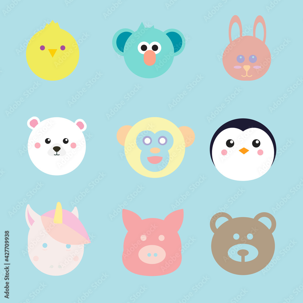 Cute Animal Vector Faces Emoji including Penguin, Polar Bear, Unicorn, Monkey, Chick, Rabbit, Bunny, Pig, Bear, and Koala Zoo Park Creatures