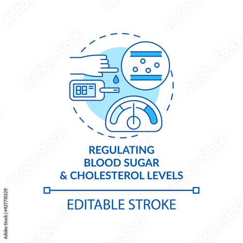 Regulating blood sugar and cholesterol levels concept icon. Liver function idea thin line illustration. Body glucose reservoir. Vector isolated outline RGB color drawing. Editable stroke