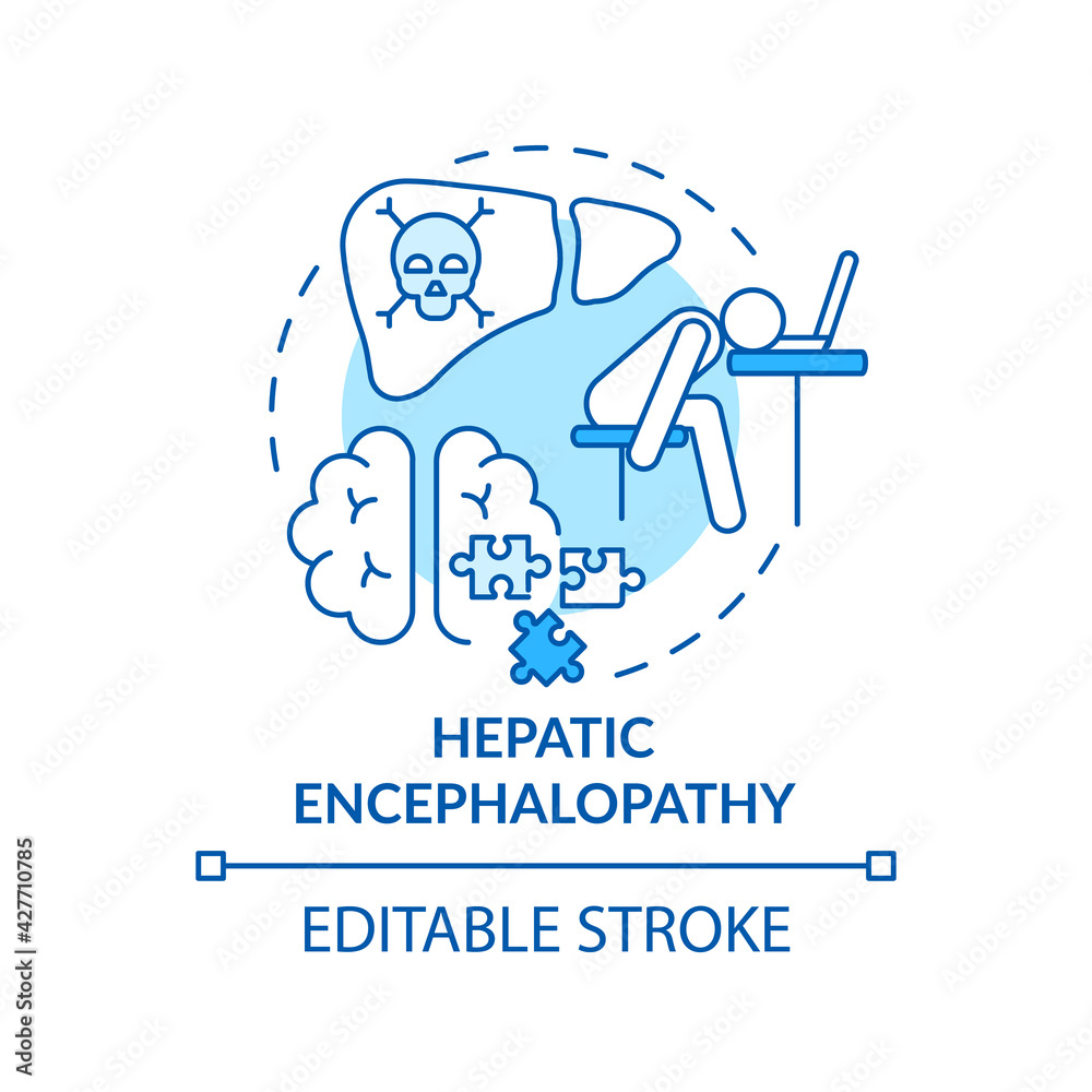 Hepatic encephalopathy concept icon. Liver failure outcome idea thin line illustration. Decline in brain function. Chronic hepatitis. Vector isolated outline RGB color drawing. Editable stroke Hepatic encephalopathy concept icon. Liver failure outcome idea thin line illustration. Decline in brain function. Chronic hepatitis. Vector isolated outline RGB color drawing. Editable stroke