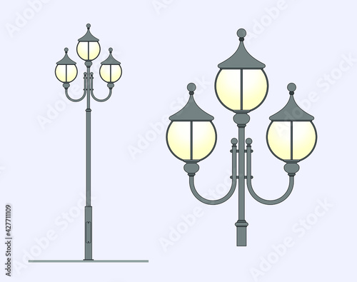 Classic street lamp. Outdoor lighting of the city. Street light. Design of parks and squares. Garden lamps. Classic architecture. Lighting design. Luxury landscape design. Lamp post. Sketch. Vector.