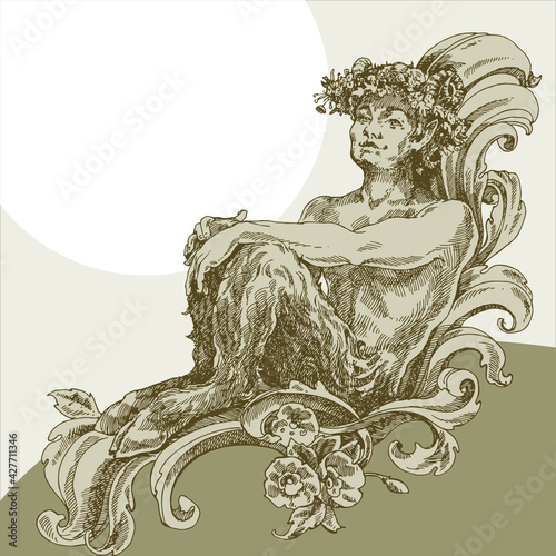 Faun in a wreath, engraving in the Baroque style.