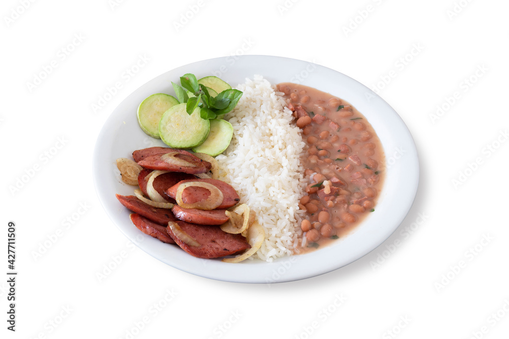 Typical Brazilian food with rice, beans, pepperoni sausage and salad. White background. Typical Brazilian food with rice, beans, pepperoni sausage and salad. White background.