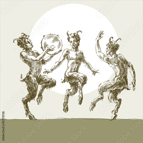 Three merry fauns dance, engrave.