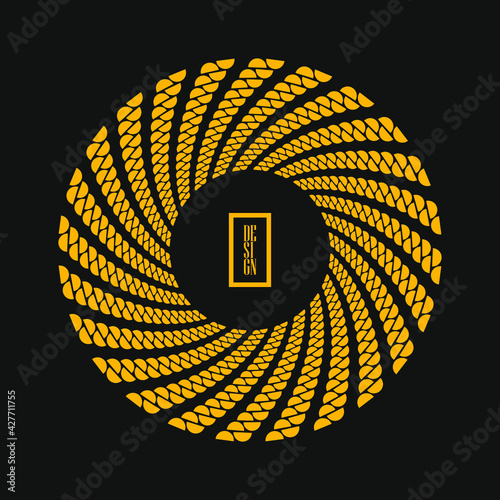 Yellow abstract round shape. Vector illustration. Design element for border frame, round logo, sign, tattoo, symbol, web pages, prints, posters, template, monochrome pattern and abstract background