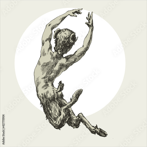 Engraving faun jump to the moon.