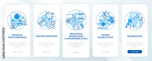 Hepatic functions onboarding mobile app page screen with concepts. Fighting illnesses, blood clots walkthrough 5 steps graphic instructions. UI, UX, GUI vector template with linear color illustrations