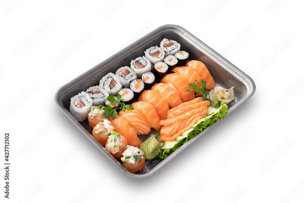 Sushi and Sashimi distributed in a gray container. White background. Sushi and Sashimi distributed in a gray container. White background.