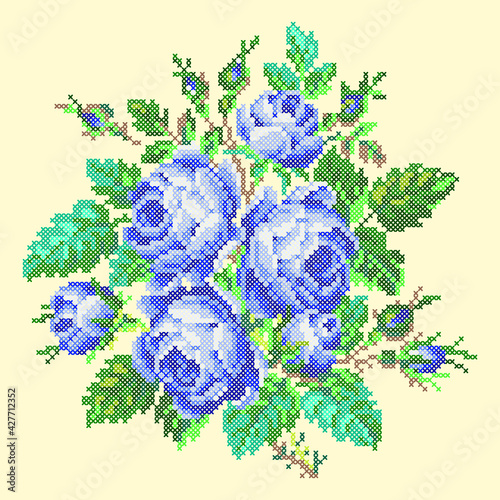 vector art embroidery blue roses