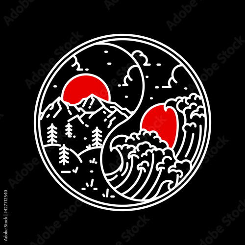 Yin Yang Mountain beach Monoline illustration