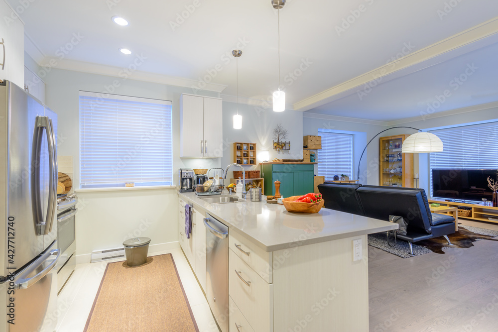 Modern, bright, clean, kitchen interior with stainless steel appliances in a luxury house Modern, bright, clean, kitchen interior with stainless steel appliances in a luxury house