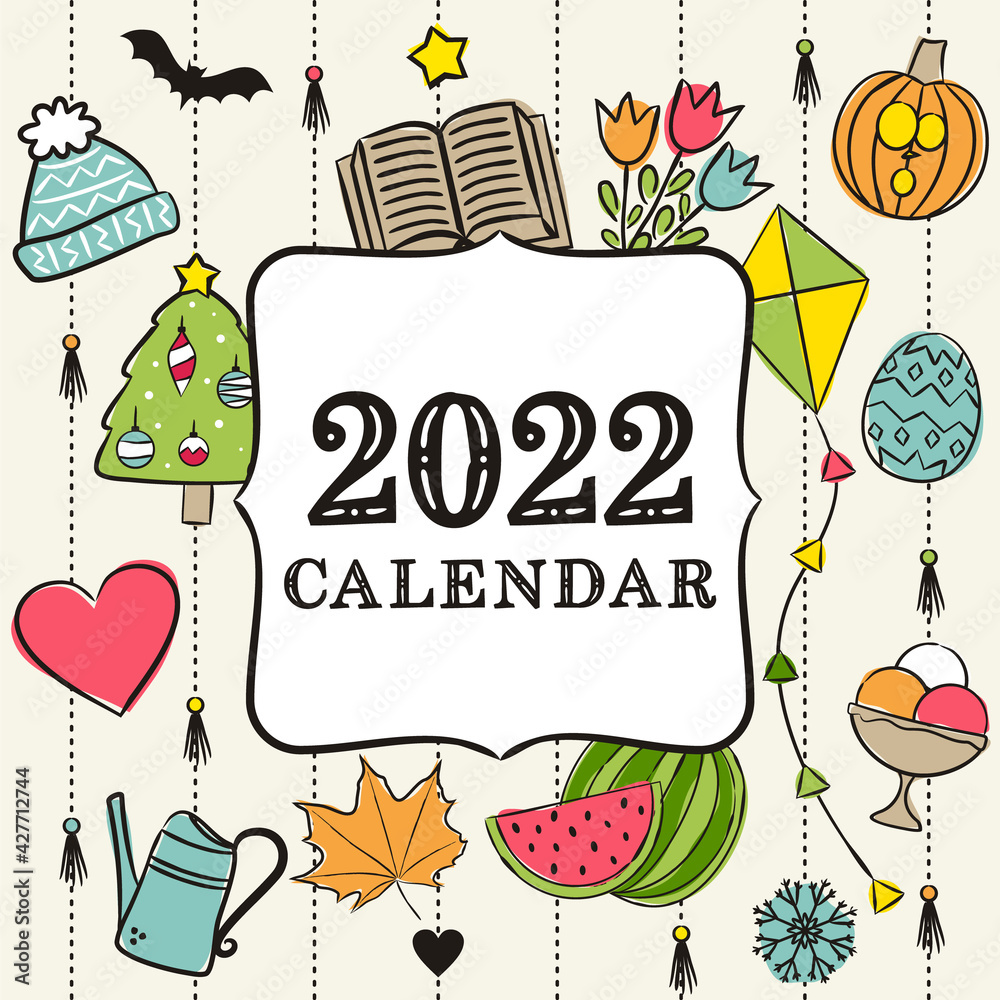Thematic template for a calendar for 2022. Cover for the calendar with the seasons. Pattern for printing yearbooks and notebooks. Vector hand-drawn illustration, doodle style.