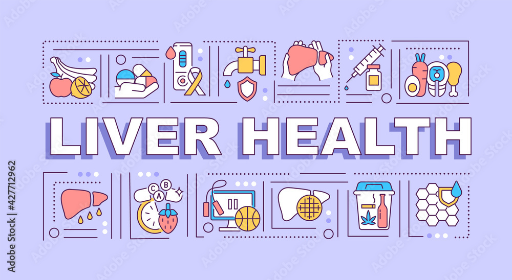 Liver health word concepts banner. Nutrient deficiency. Healthy lifestyle. Hydration. Infographics with linear icons on purple background. Isolated typography. Vector outline RGB color illustration