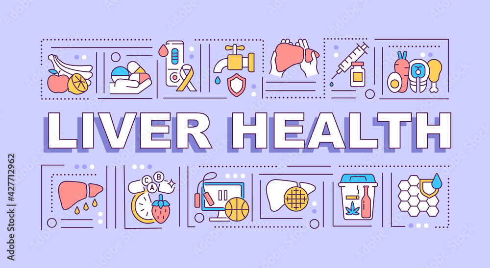 Liver health word concepts banner. Nutrient deficiency. Healthy lifestyle. Hydration. Infographics with linear icons on purple background. Isolated typography. Vector outline RGB color illustration Liver health word concepts banner. Nutrient deficiency. Healthy lifestyle. Hydration. Infographics with linear icons on purple background. Isolated typography. Vector outline RGB color illustration