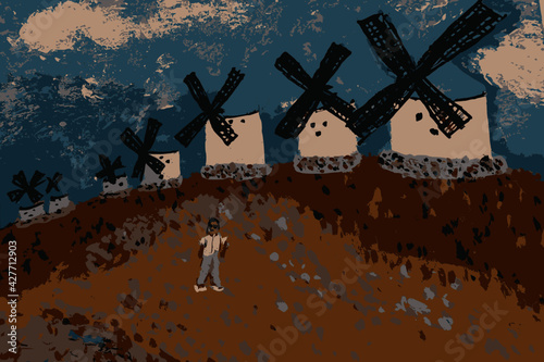 Painting of the Consuegra Windmills Near Toledo, Spain, Don Quixote Man From La Mancha with a Woman Figure