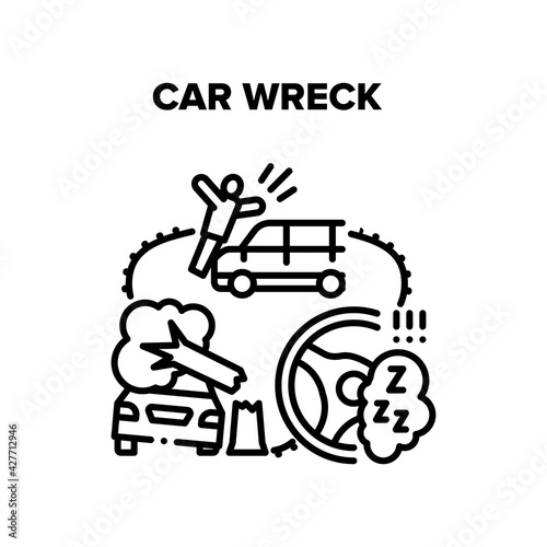 Car Wreck Crash Vector Icon Concept. Car Wreck And Knocking Down Pedestrian, Broken Tree Damaging Vehicle And Driver Fell Asleep At Wheel. Automobile Accident And Disaster Black Illustration