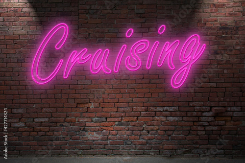 Neon lettering Gay Pride Cruising on Brick Wall at night