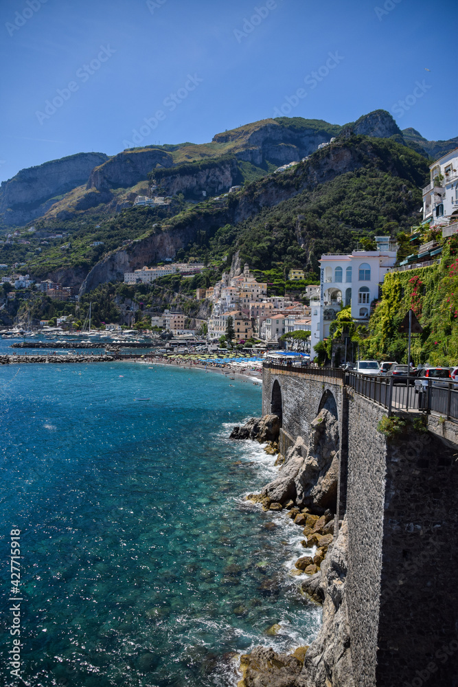 Beautiful view in Amalfi Coast, positano, Italy in summer. Mediterranean, mountains, city.