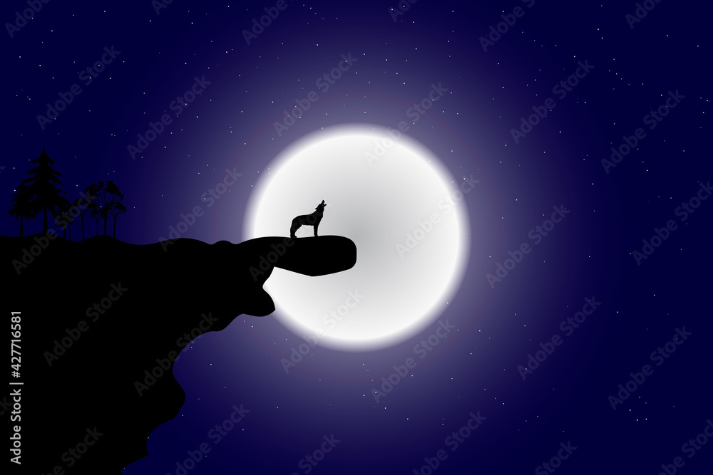 Naklejka premium Howling wolf at night on a cliff