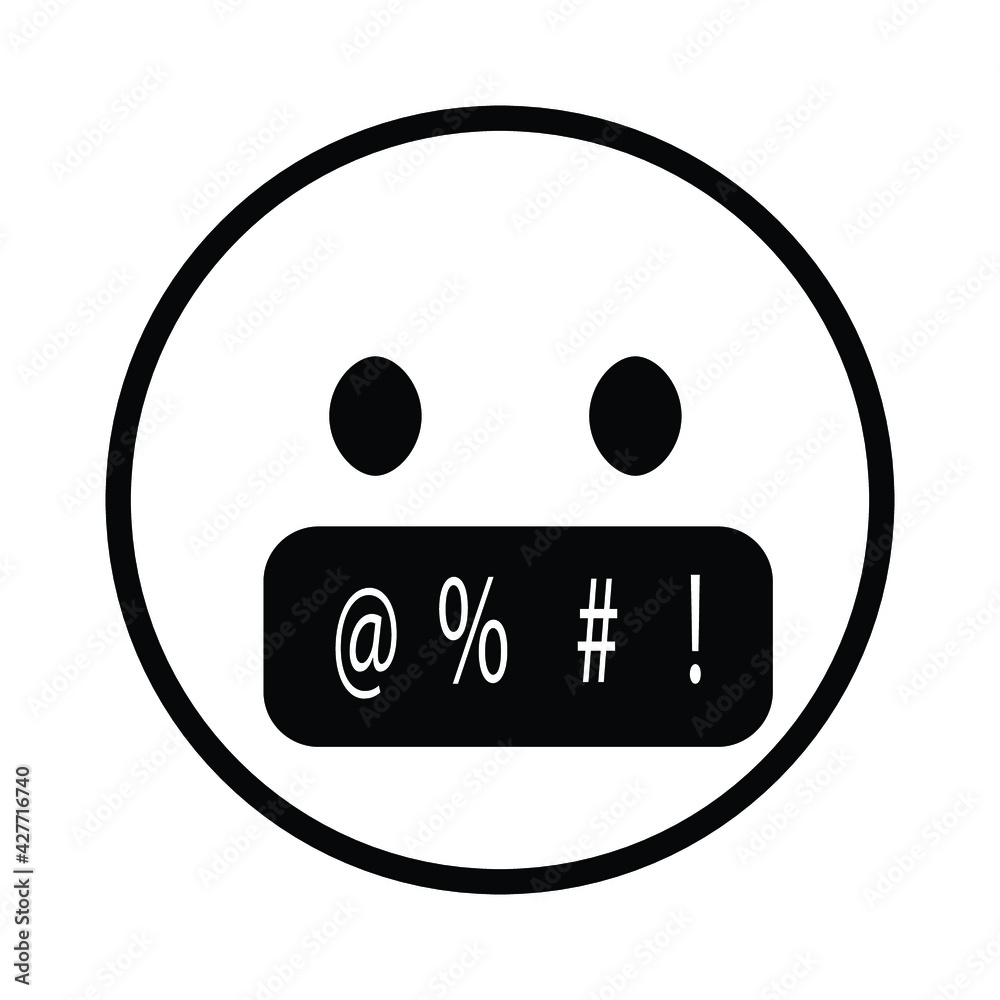Fototapeta premium Cute solid line social media face with symbols on mouth emoji on white background. Royalty-free.